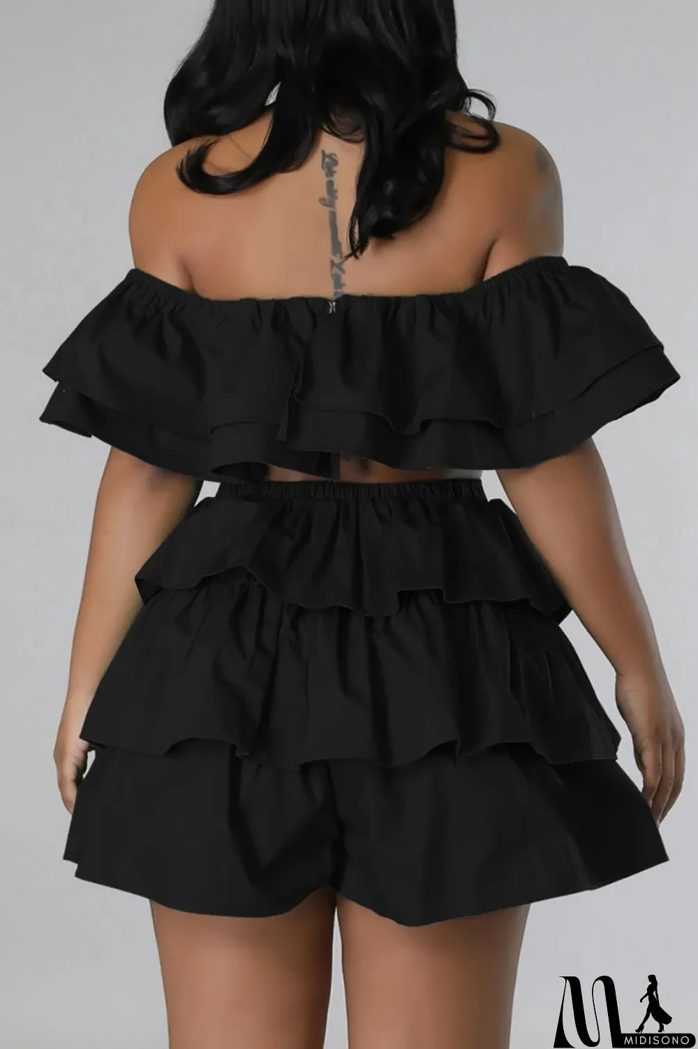 MidiSono - Rose Red Sexy Casual Solid Patchwork Backless Off the Shoulder Short Sleeve Two Pieces