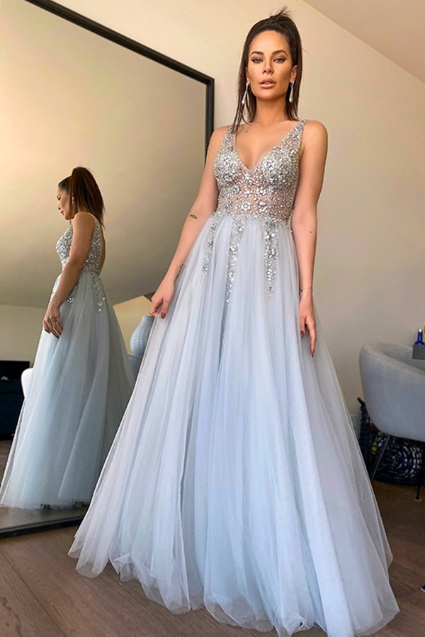 Dresseswow V-Neck Sleeveless Prom Dress With Crystals