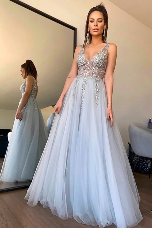 Modern V-Neck Sleeveless Prom Dress With Crystals - lulusllly