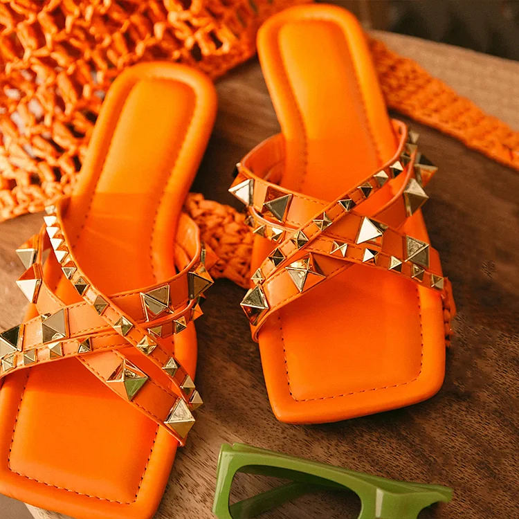 Vintage Orange Stud Sandal Mule Flats Vdcoo