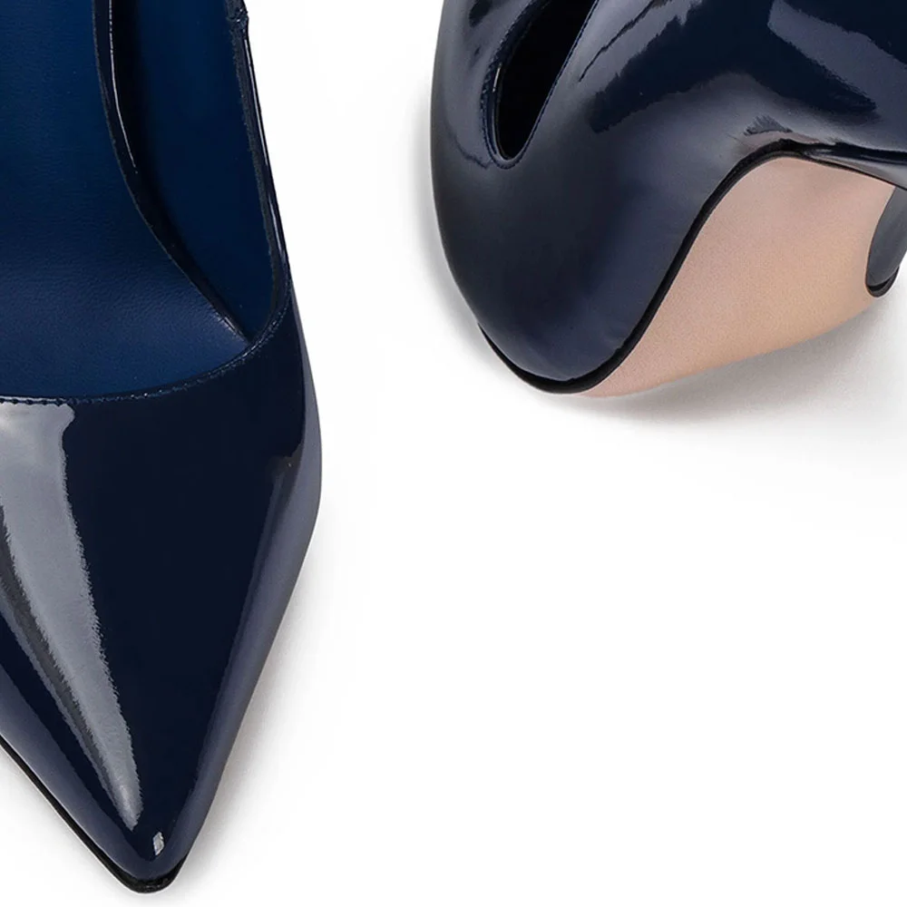 Elegant Navy Pointed Toe Wave Edge Patent Leather High Heels for Women