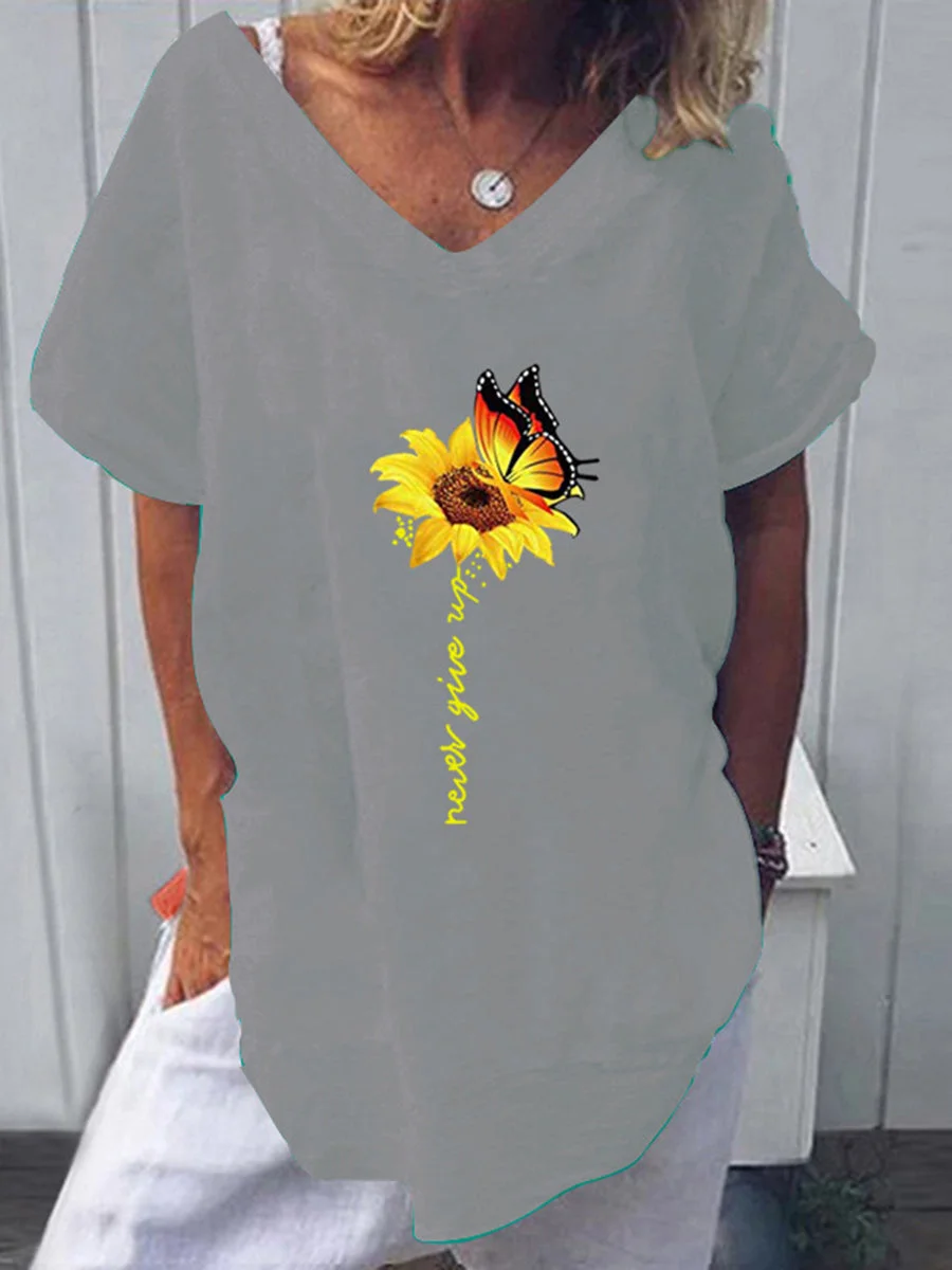 V-neck Sunflower Butterfly Print T-shirt