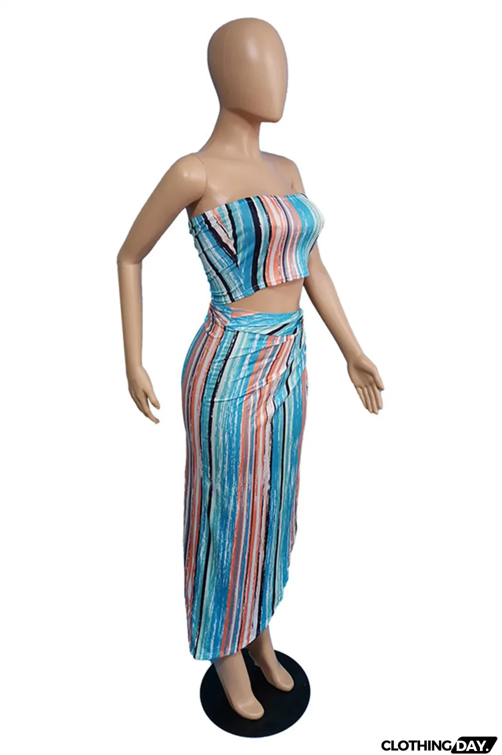 Multicolor Fashion Sexy Striped Print Backless Strapless Sleeveless Two Pieces