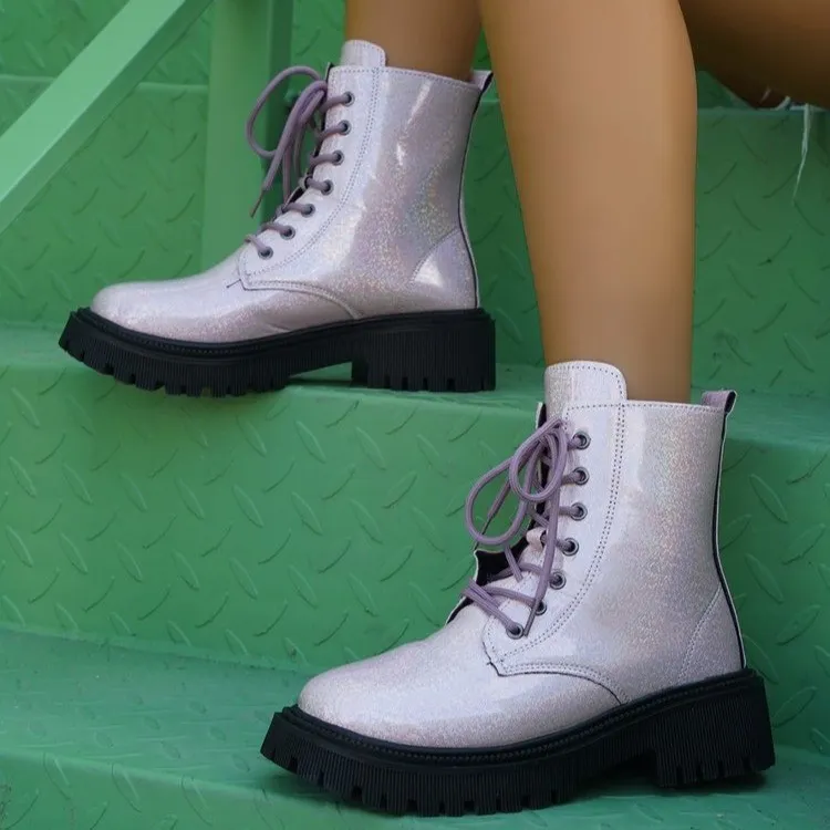 Breakj Breakj New Martin Boots Women's British Wind Thick Back Lace Mid-Sleesize Boots Women's Shoes Large Size Martin Boots