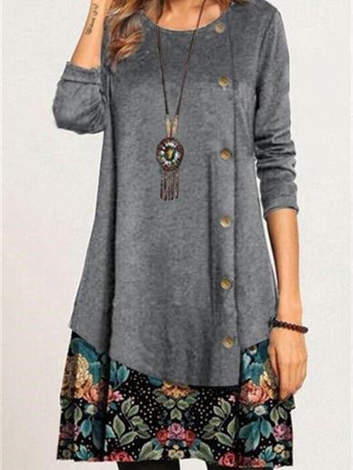 Women Long Sleeve Scoop Neck Graphic Floral Printed Stitching Midi Dress