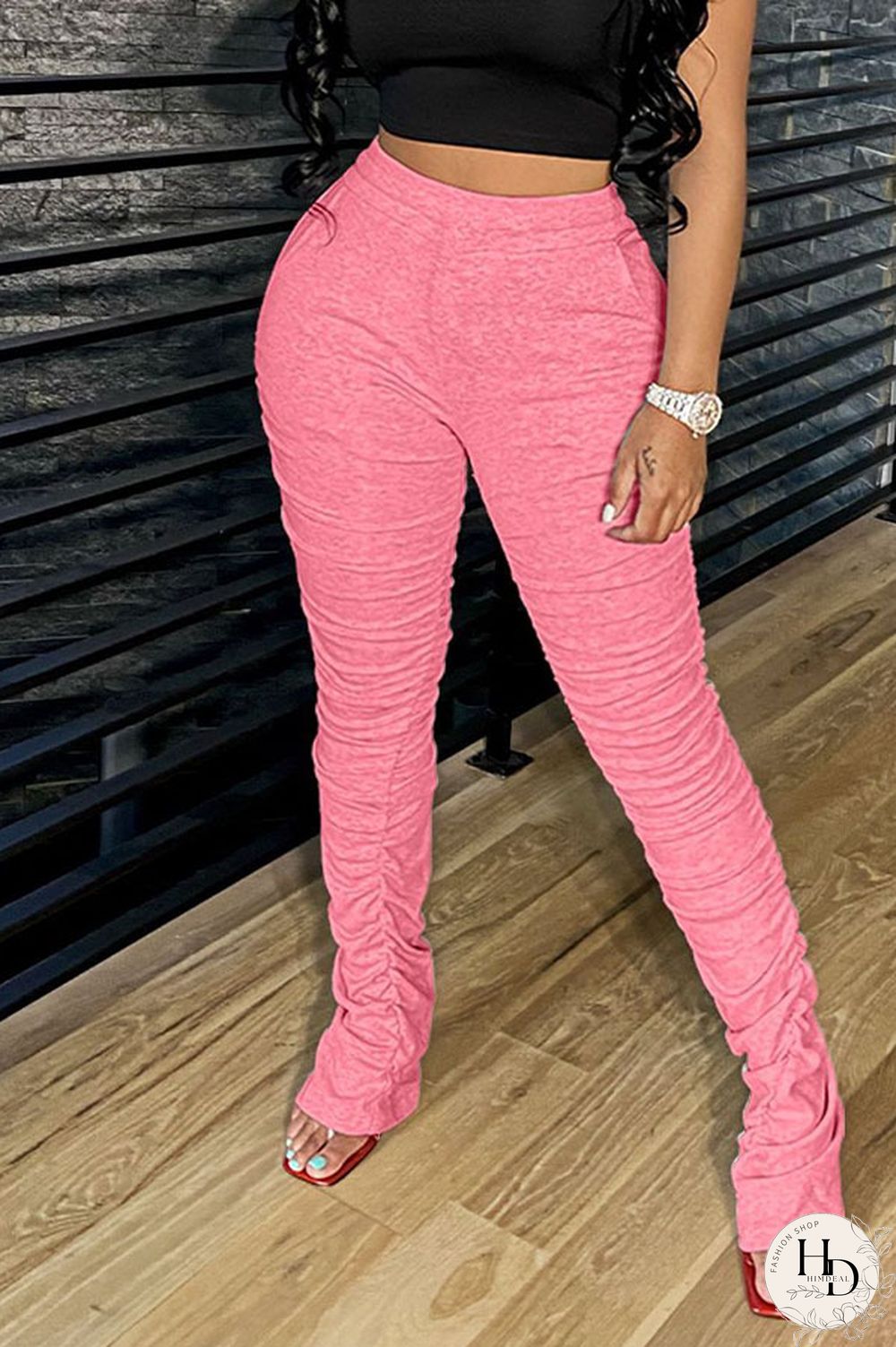 Black Street Polyester Solid Fold Skinny Bottoms