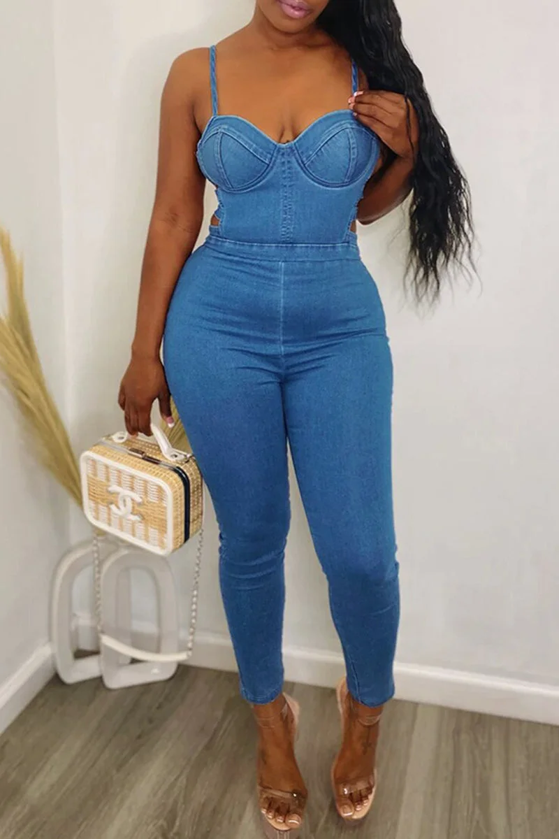 Fashion Sexy Solid Hollowed Out Patchwork Backless Spaghetti Strap Sleeveless Skinny Denim Jumpsuits