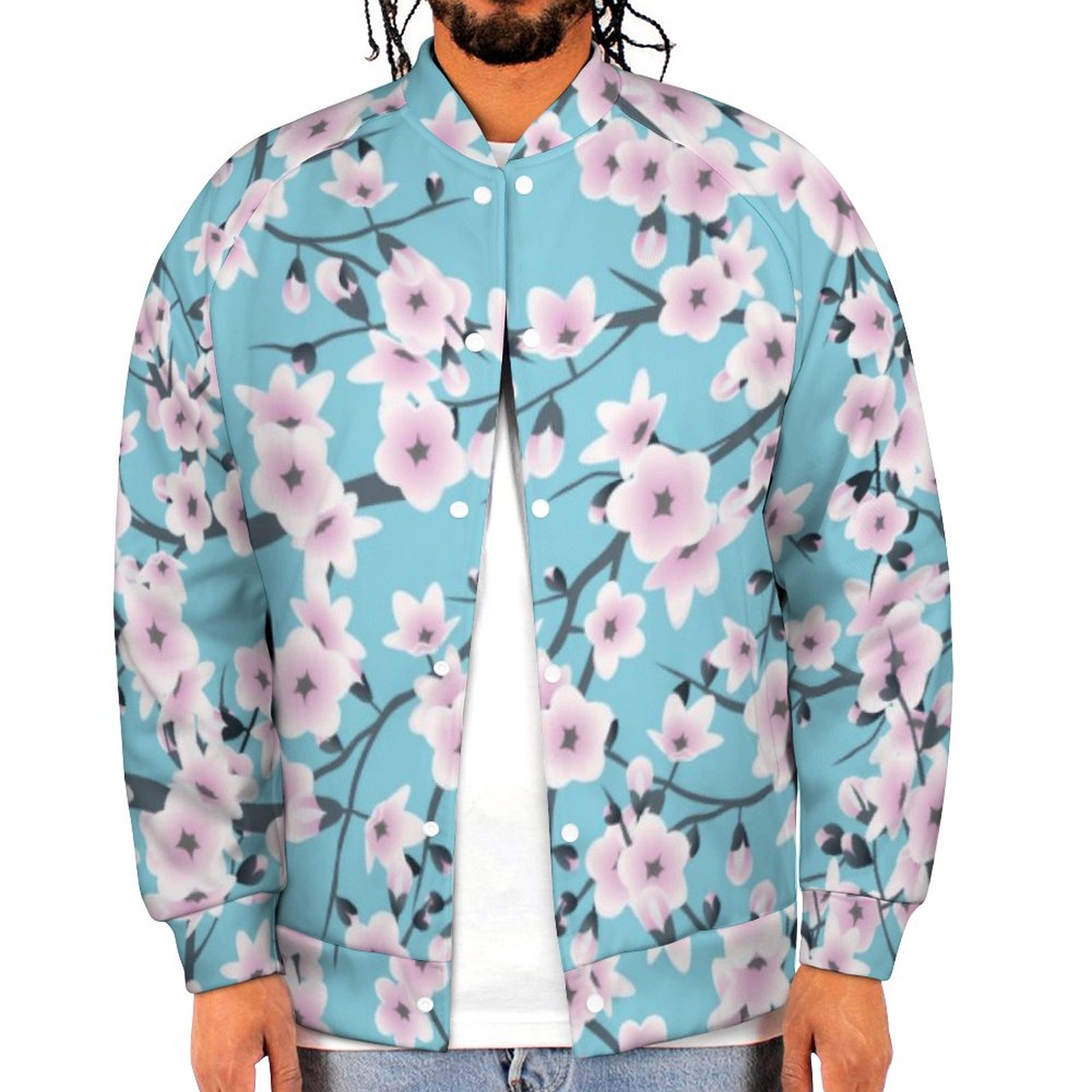 Spring and Fall Floral Cherry Blossoms Pink Blue Sweatshirt Jacket Mens Casual Lightweight Button Up Bomber Jacket Outwear 2XS-6XL