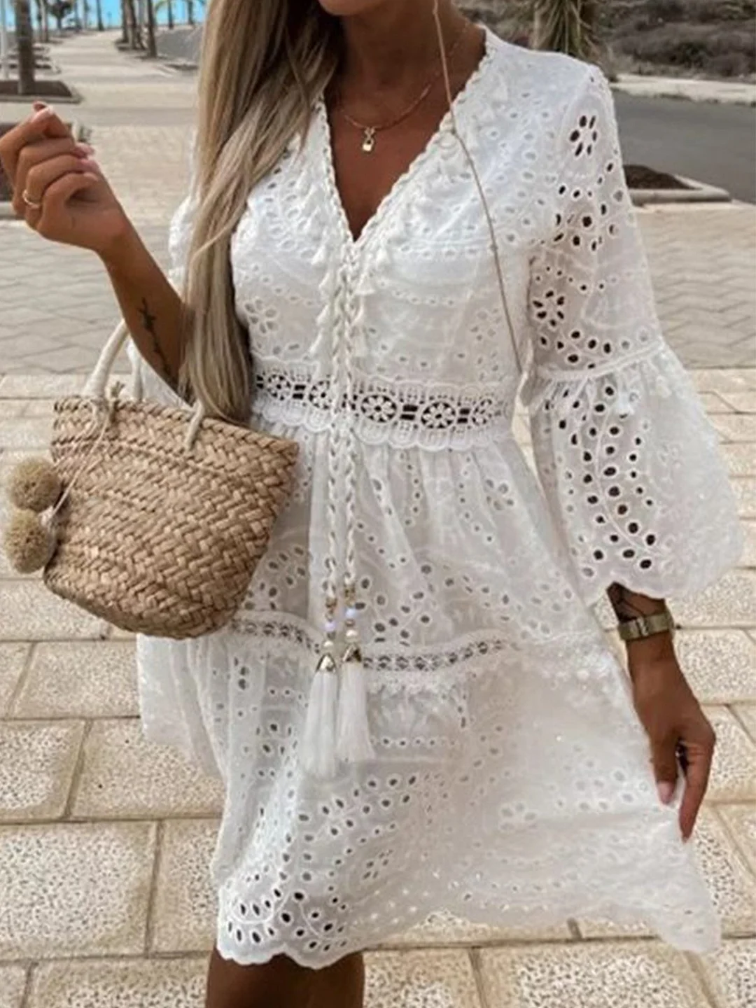 Plain Tassel V Neck Vacation Lace Hollow out Dress | IFYHOME