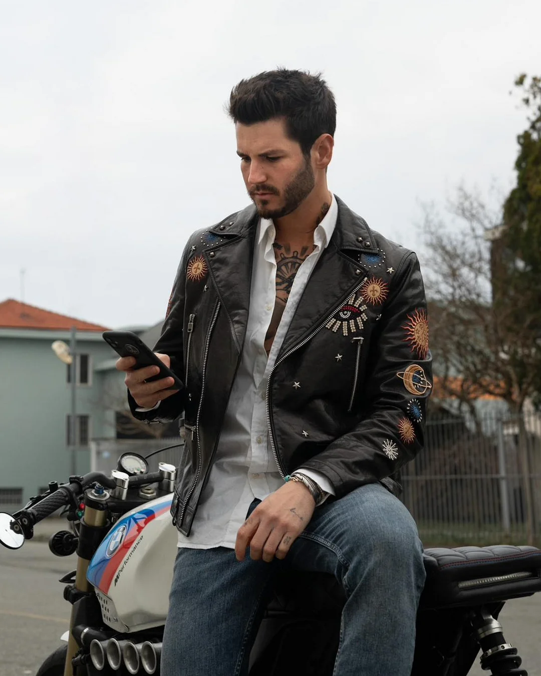Black Goatskin Moto Biker Jacket with Appliques