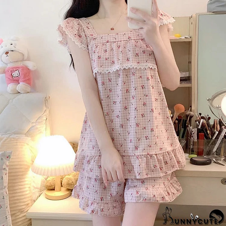 Floral Lattice Print Sleeveless Summer Pajamas Set