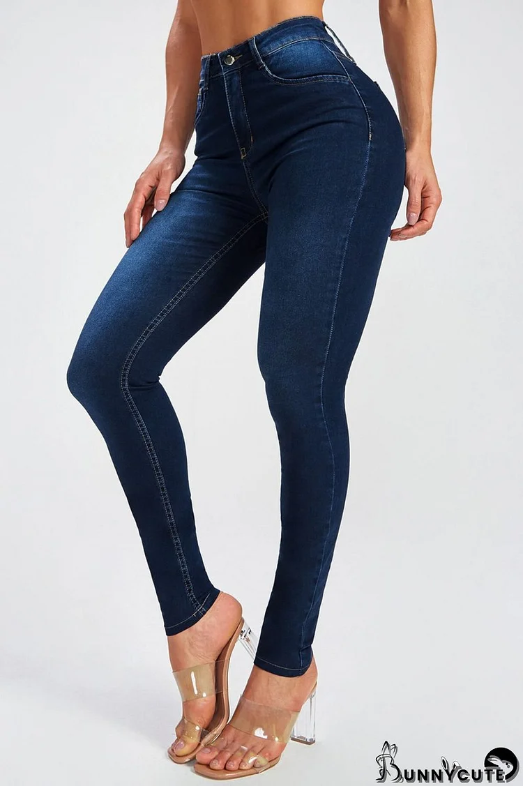 Deep Blue Casual Solid Patchwork High Waist Skinny Denim Jeans