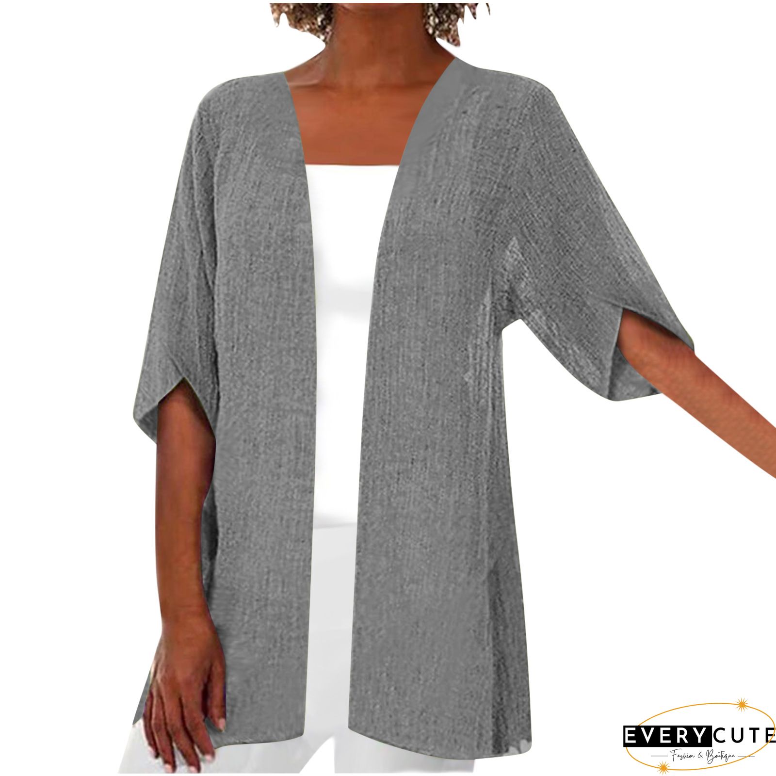 Women Half Sleeve Scoop Neck Solid Cardigan Tops