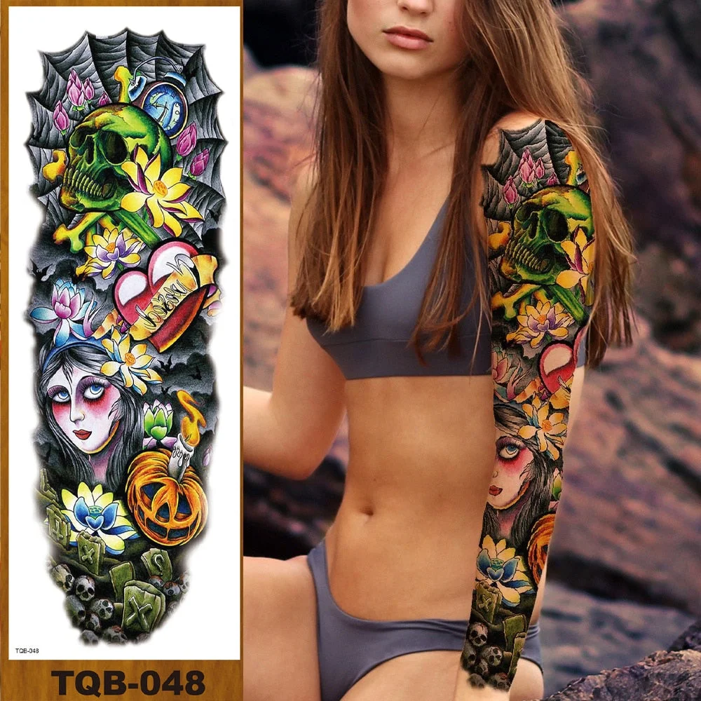 Full Flower Arm Temporary Tattoo Sticker Man Woman Body Leg Fake Tatoo Cute Girl Sexy Skull Rabbit Hotwife Decor Halloween DIY