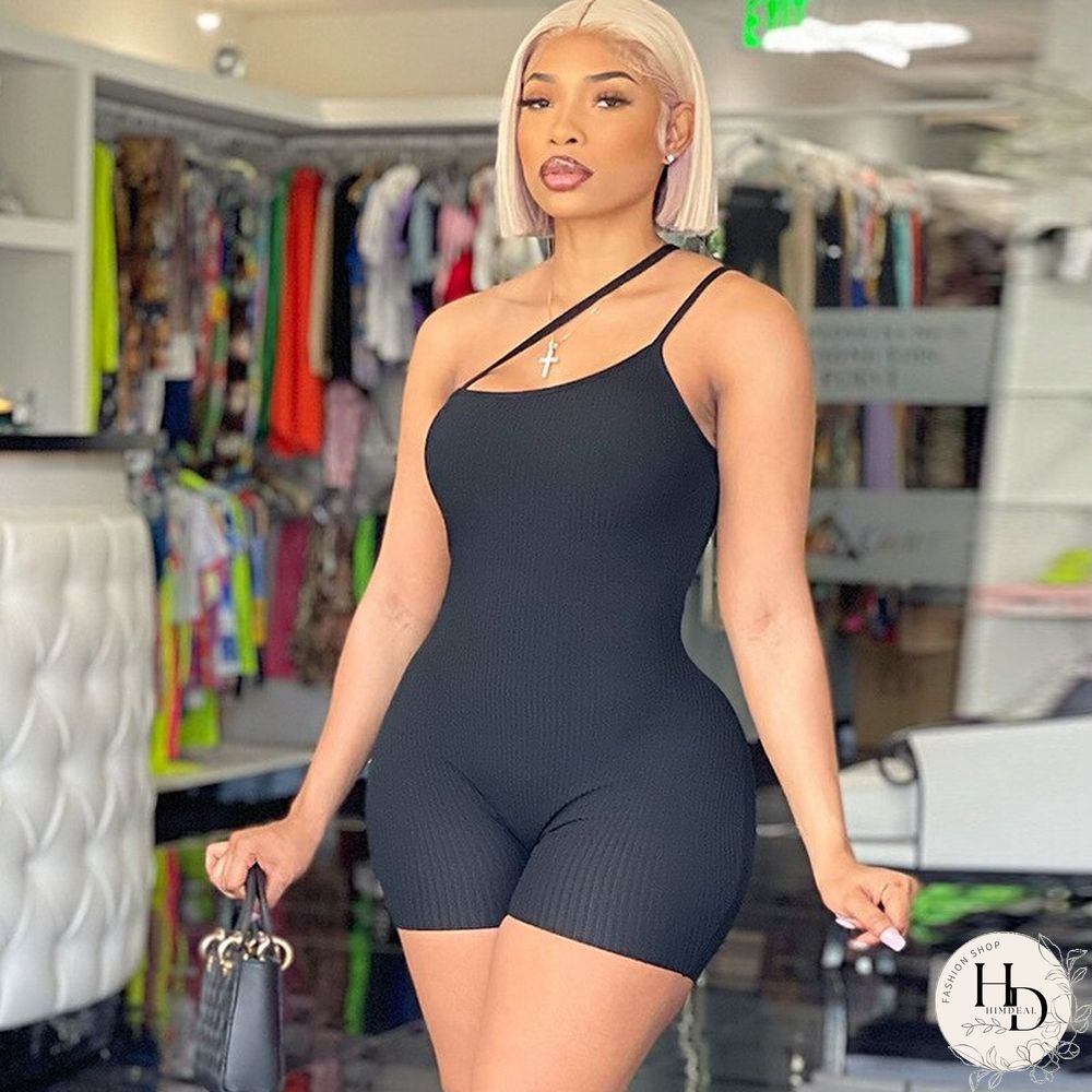 New Summer Fashion Solid Color Slim Fit Sloping Shoulder Open Back Jumpsuit Overalls Women
