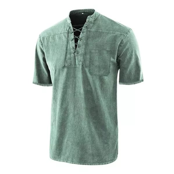 Men's Gothic Retro T Shirt Lace-up V-neck Denim Pocket Short Sleeve Tee Shirt Loose Tops