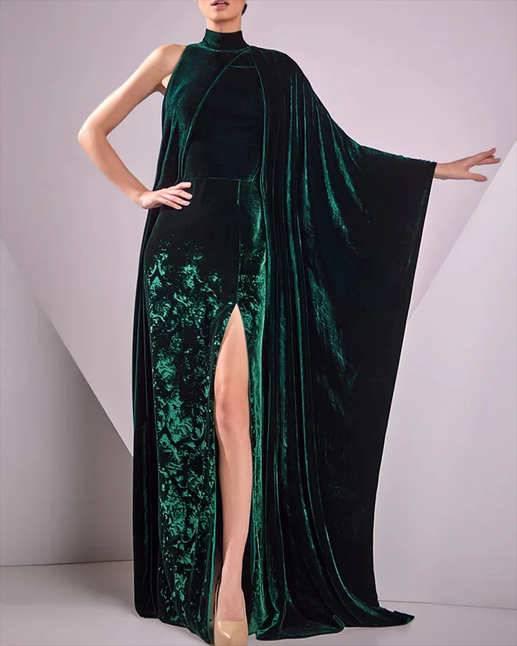 Women's One-shoulder Slit Velvet Dress