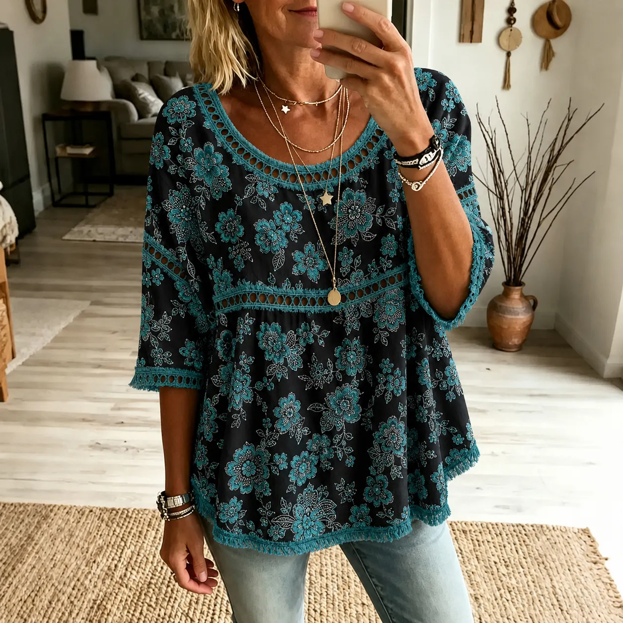 Women's Vintage Floral Art Flowy Linen Blend Three-quarter Sleeve Casual Tops artswardrobe