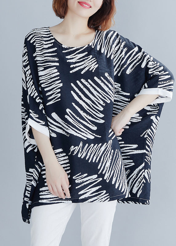 VCSHOES Loose Black Oversized Print Cotton Tops Batwing Sleeve