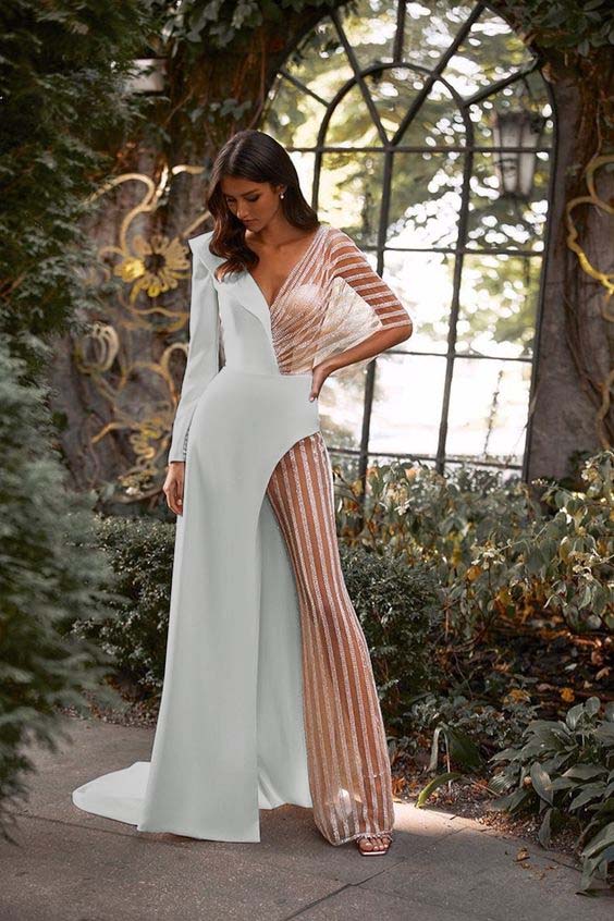 Hidais Patchwork White V Neck Long Sleeves High Waist Long Wid-Leg Jumpsuit with Tulle