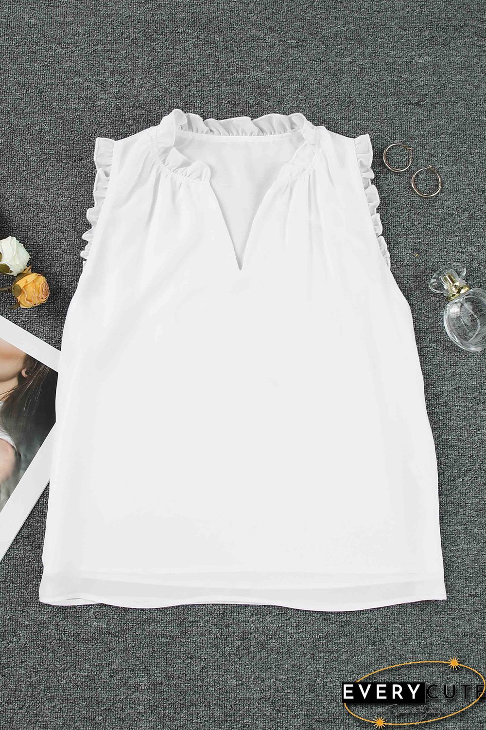 White Solid Color V Neck Frill Trim Tank Top