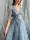 Blue Sparkling Tulle Puff Lantern Sleeve Tea Length Dress Fairycore Ball Gown Formal Robe A Line Corset Bodice Deep V Neck Pocketed Dresses