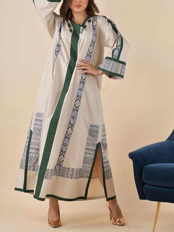 V neck green printed slit maxi dress فساتين