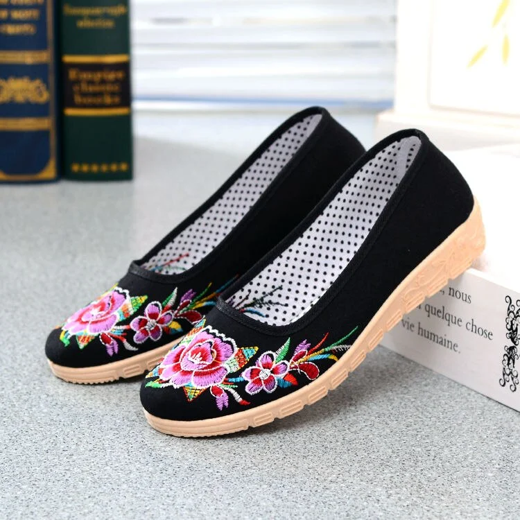 Qengg Women Retro Light Comfort Chinese Embroidery Shoes Black Slip on Loafers Lady Casual Ballet Flat Shoes