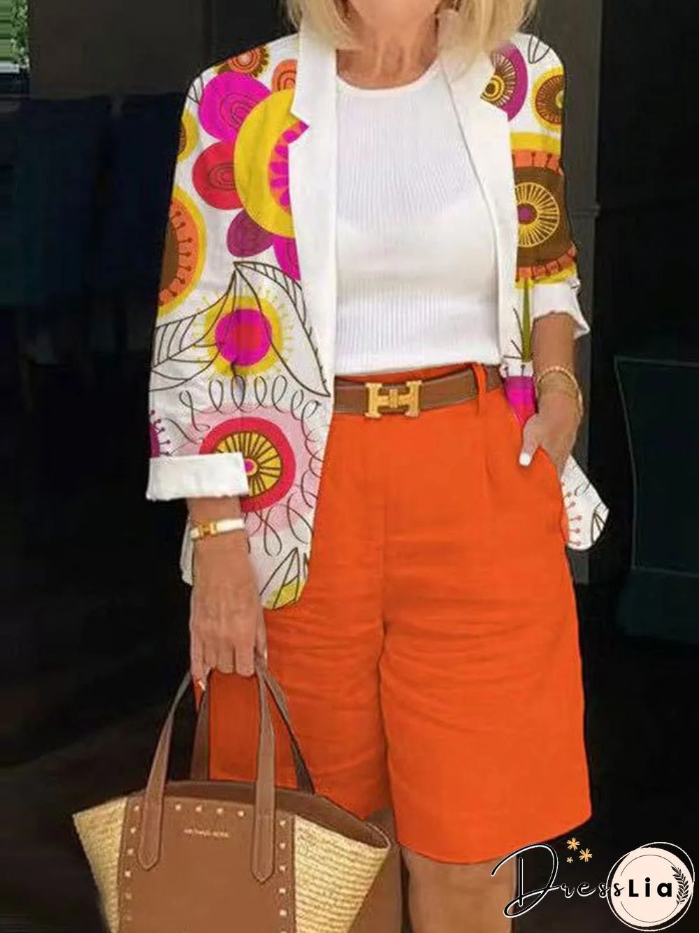 Women'S Sets Printed Lapel Blazer & Pocket Shorts Two Piece Set