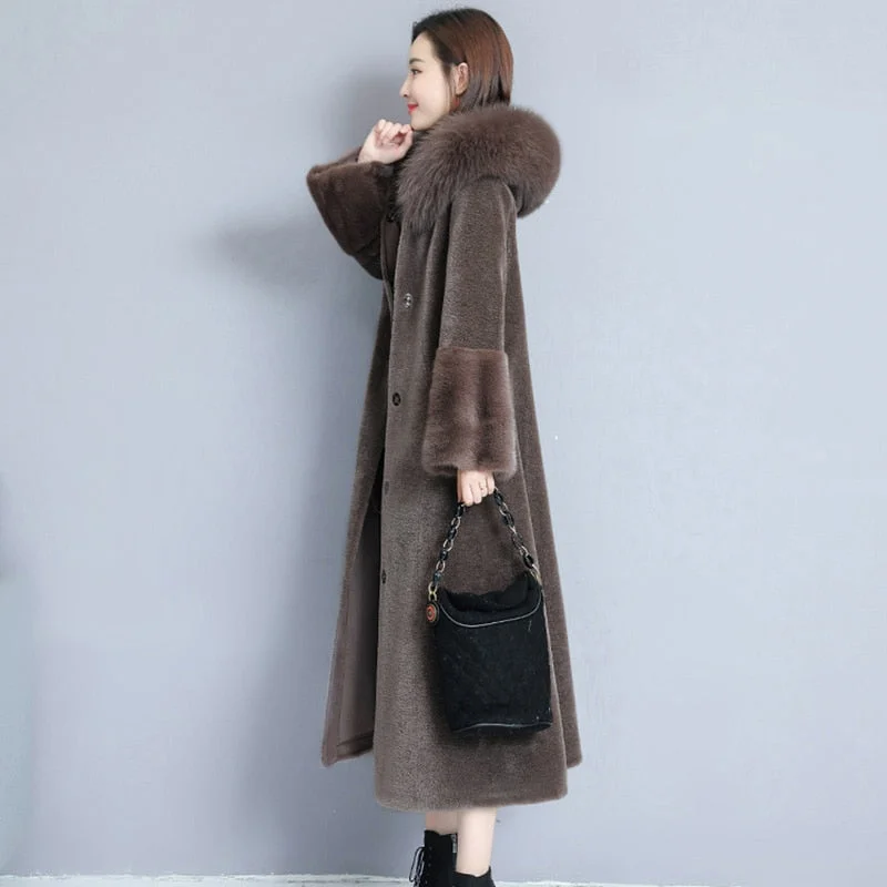 Suofun Long Large Size Thin Fox Fur Hair One Sheep Shearing Warm Coat Female 2021 New Elegant Women Winter Korean Mink Fur Coats