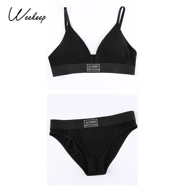 Weekeep Casual Black Beachwear V Neck Bra and Underwear Set Sexy Embroidery Letter Women Summer Two Piece Lingerie Suit Backless