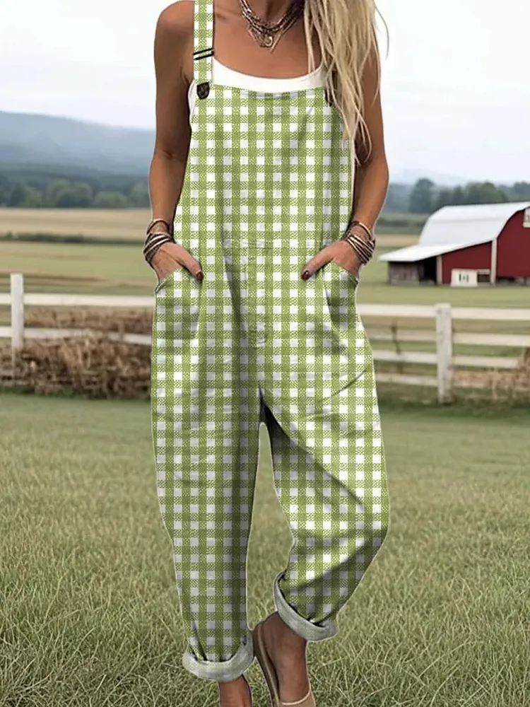 Women's Plaid Pattern Art Print Casual Wide Leg Jumpsuit