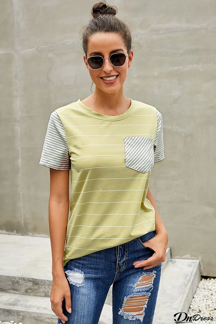 Women's Yellow Striped Short Sleeve Contrast Color T-Shirt with Pocket