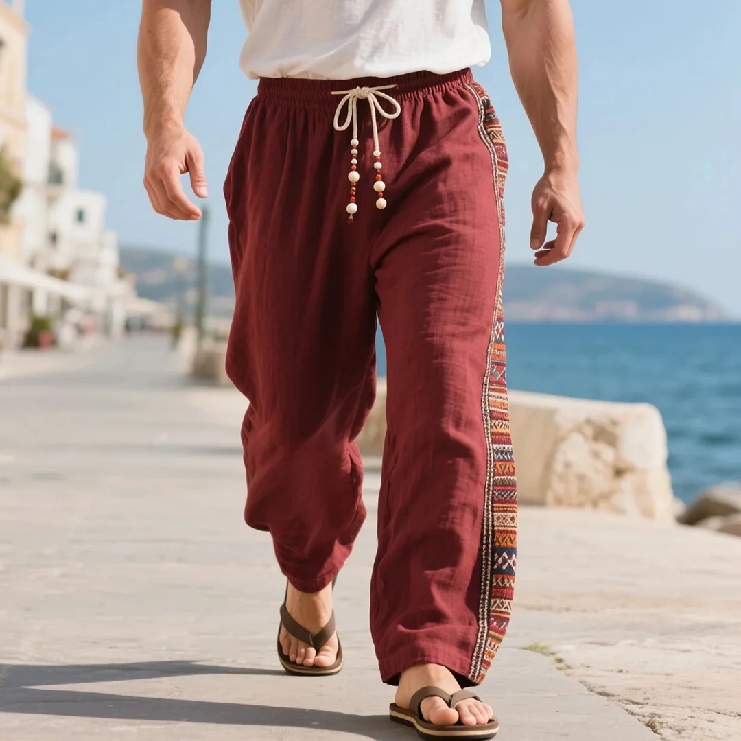  Stylish Purple Drawstring Pants with Ethnic Side Stripes for Summer Travel