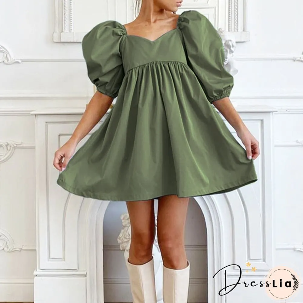 Cotton V-Neck Loose Lantern Sleeve Mini Dress Fashion Blue Summer Women A-Line Solid Retro