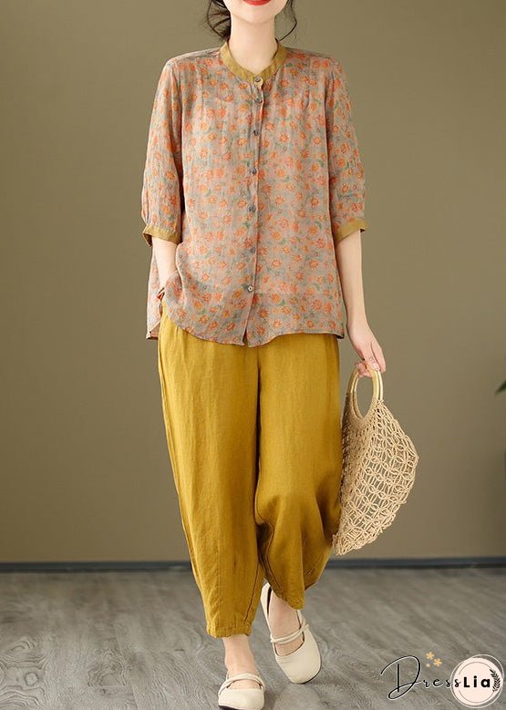 Orange Button Pockets Cotton Two-Piece Set Pink Half Sleeve Bracelet Sleeve