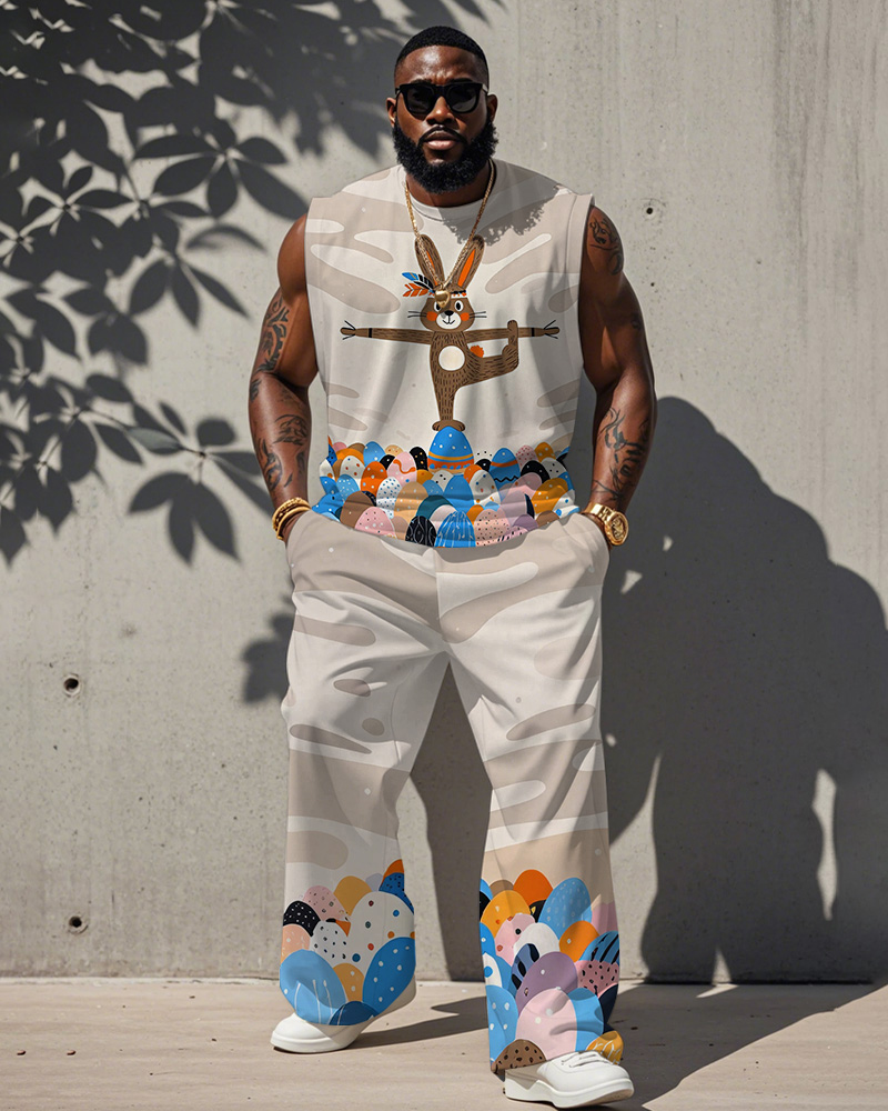 Men's Plus Size Easter Bunny Egg Print Tank Trousers Suit