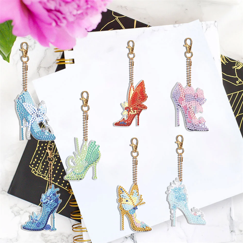 7pcs DIY Butterfly High Heels Double Sided Diamond Painting Keychain for Beginners Craft Supplies