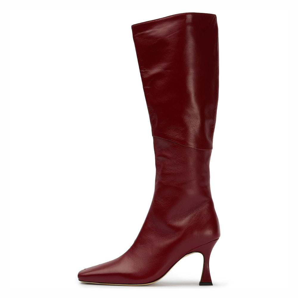Maroon Square Toe Spool Heel Knee-High Tall Boots with Inner Zipper Nicepairs