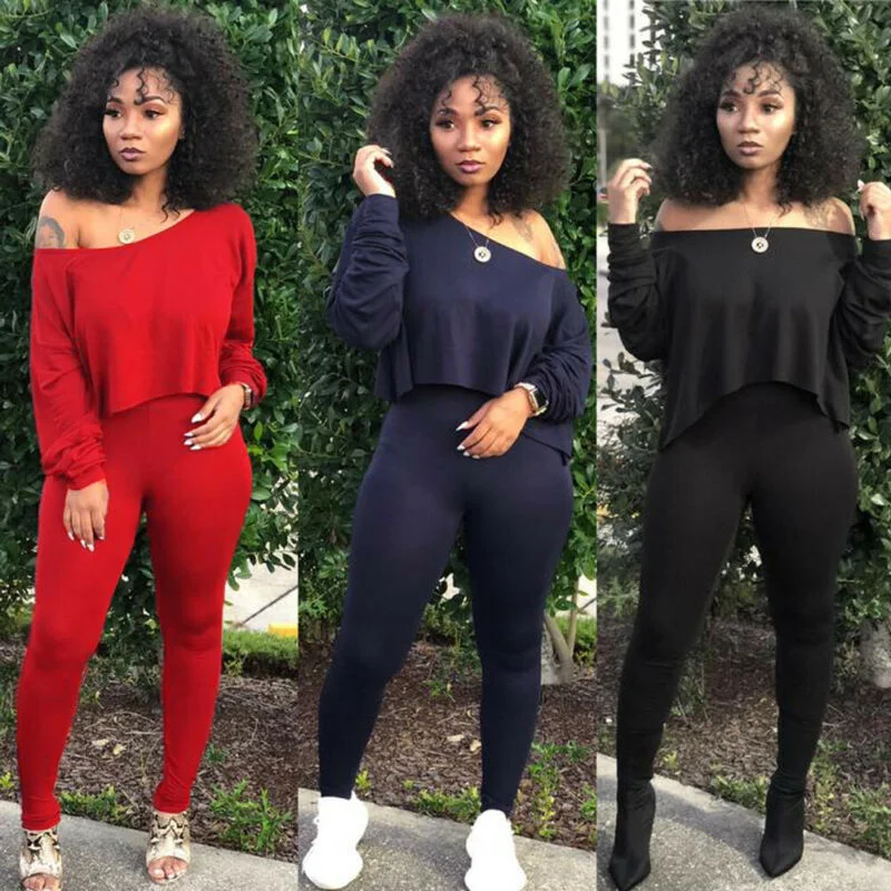 Women 2 Piece Outfits Long Sleeve Off Shoulder Crop Top Pants Set Casual Jumpsuit Autumn long Sleeve Pure  legging
