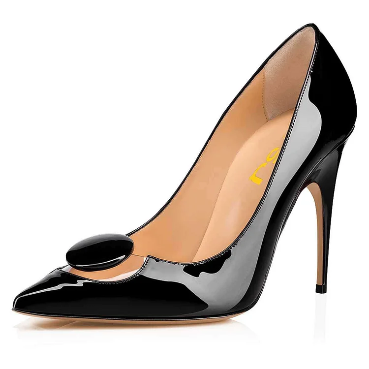 Black Patent Leather PVC Pointy Toe Stiletto Heels Pumps |FSJ Shoes