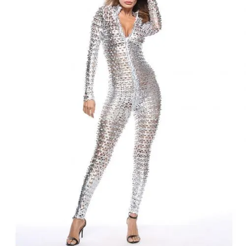 Women Mesh Hole Zipper Faux Patent Leather Tight Jumpsuit Nightclub Bodysuit faux patent leather and one-piece jumpsuit design