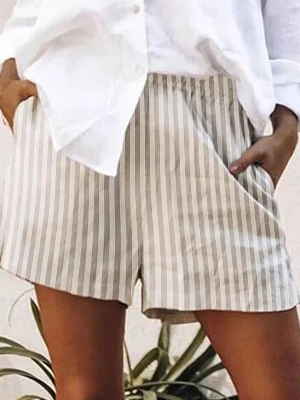 Striped Cotton Linen Casual Ladies Shorts
