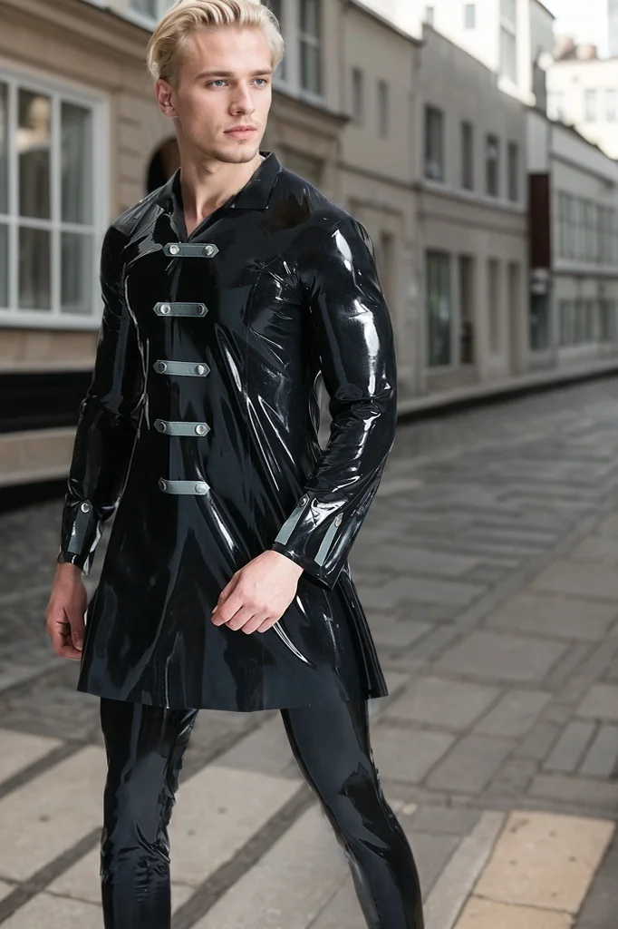 Men's Latex Coats Male Military Three Quarter Coat Classic Black Coat