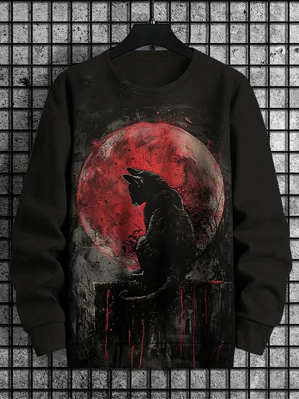 Men's Ghost Cat Under Blood Moon Dark Art Print Casual Sweatshirt