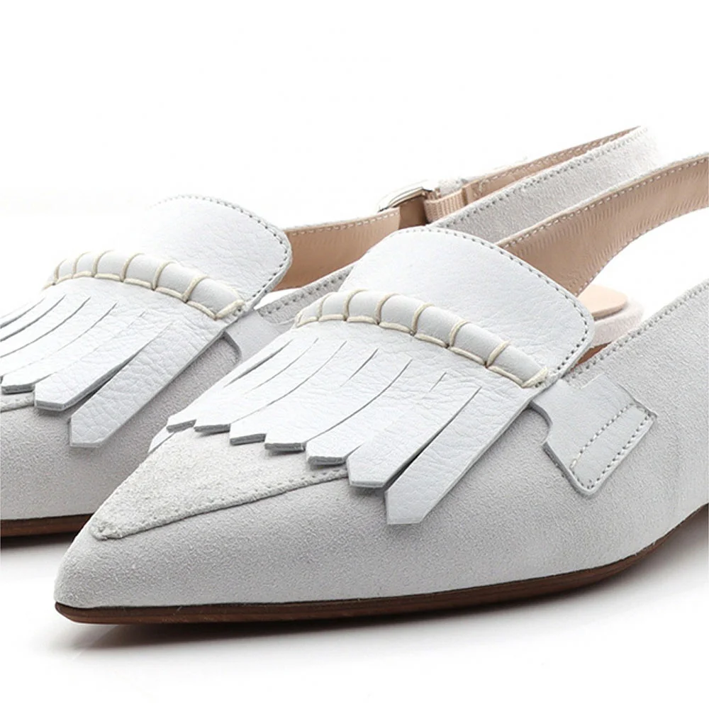 White Fringed Trim Pointed Toe Flat Slingback Shoes with Buckle