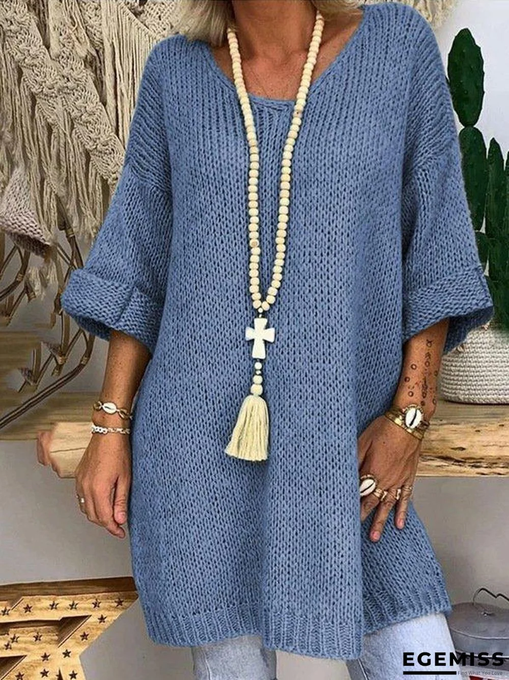 3/4 Sleeve Knitted Casual Sweater | EGEMISS