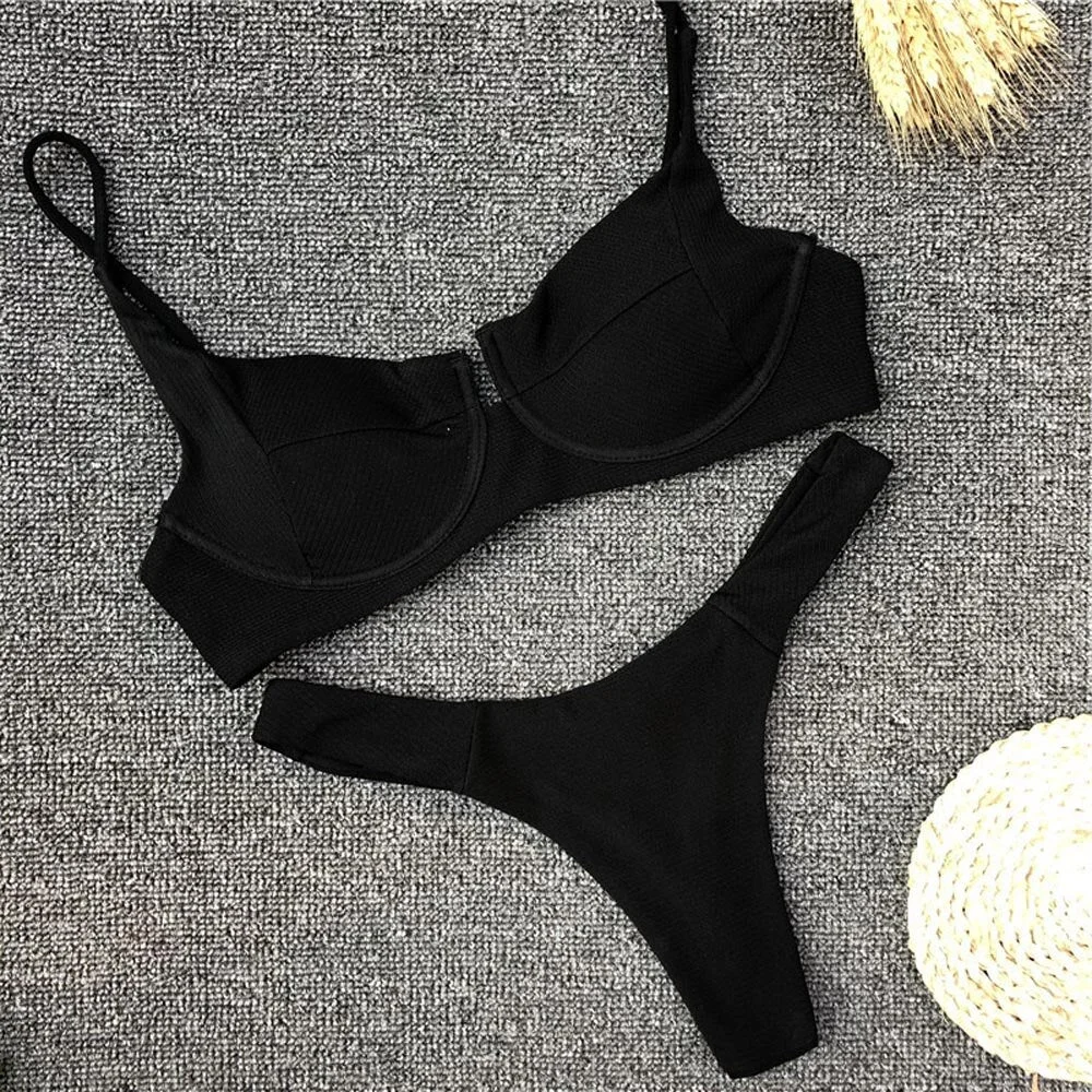 2020 Underwired Bikini Women V Neck Swimwear Female Dot Swimsuit High Cut  Bikini set Ribbed Bather Bathing Suit Swim Wear 5305