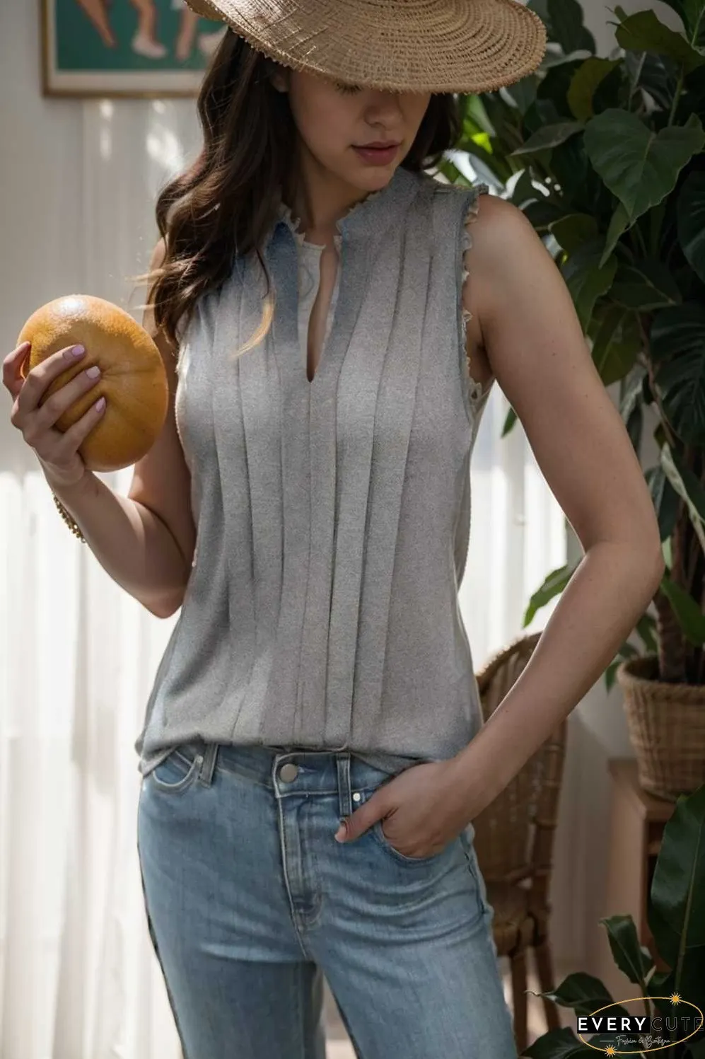 fashion elegant pleated v neck sleeveless t shirt
