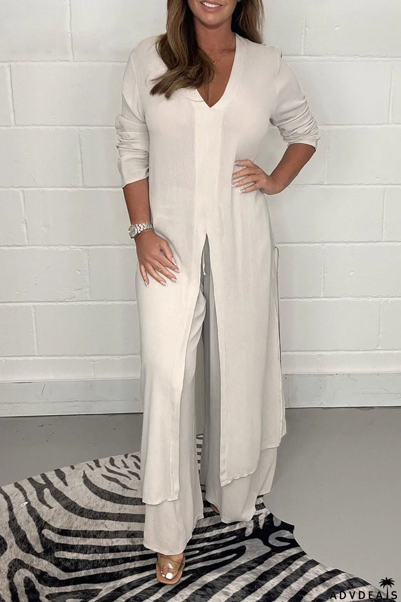 Casual Simplicity Solid Slit V Neck Long Sleeve Two Pieces(6 Colors)